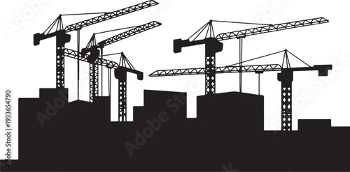 Black silhouette of construction cranes and buildings