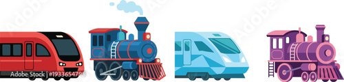 Collection of Trains Showing Steam Locomotive, Modern Passenger and High Speed Rail Transport Vector IllustrationCollection of Trains Showing Steam Locomotive, Modern