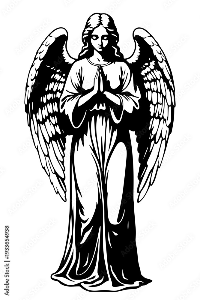 Obraz premium black vector illustration of a praying angel. This solemn religious graphic features a winged celestial figure in a flowing robe with hands clasped in prayer, ideal for spiritual, memorial