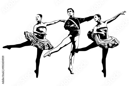 black  vector illustration of three ballet dancers in mid-performance. This dynamic graphic features a male and two female dancers in graceful, athletic poses