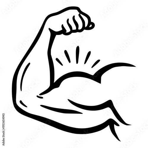 Minimalist black line art illustration of a muscular flexed arm. This powerful graphic represents bodybuilding, fitness strength, health, and athletic achievement