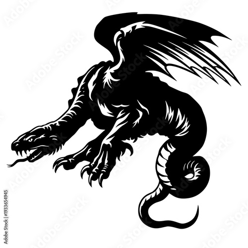 Fierce black and white vector silhouette of a winged dragon. This powerful mythical creature illustration features sharp claws, a serpent-like tail, and spread wings