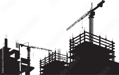Black silhouette of construction site with cranes and buildings