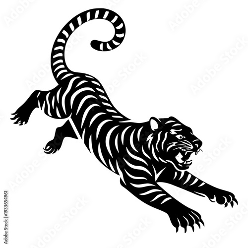 Fierce black  vector illustration of a pouncing tiger. This dynamic graphic features a striped predator in an aggressive lunging pose with sharp claws