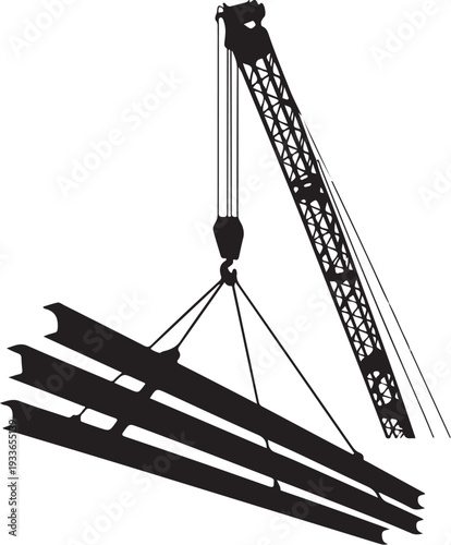 Black silhouette of crane lifting railroad ties construction