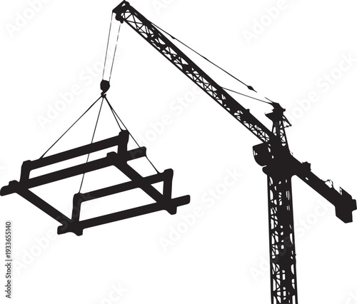 Black silhouette of crane lifting metal frame construction crane