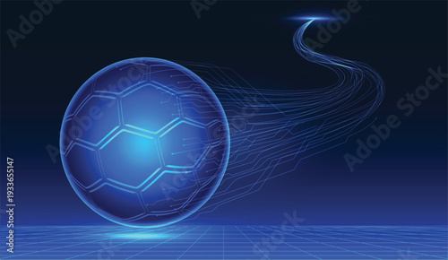 Futuristic soccer ball flying through space with bright neon lines. Ideal for presentations, Sports, and online gaming. Futuristic, electric trail concept for the World Cup. 2026, 2030