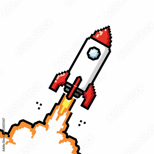 Pixel Art Rocket Launching with Fiery Exhaust