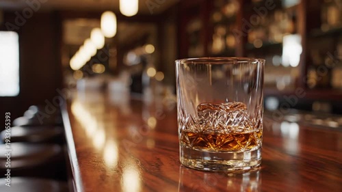 Glass of amber whiskey resting on a polished bar counter in a dimly lit lounge