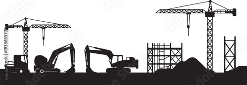 Construction site with cranes and excavators building