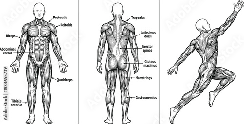Human Muscle Anatomy Diagram Showing Front and Back View with Labeled Muscular System Illustration