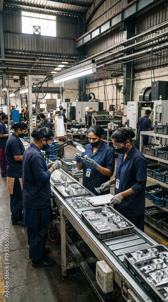 Fototapeta premium Female factory workers inspecting metal components on industrial assembly line