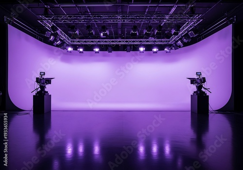 TV studio with cameras on pedestals purple background.