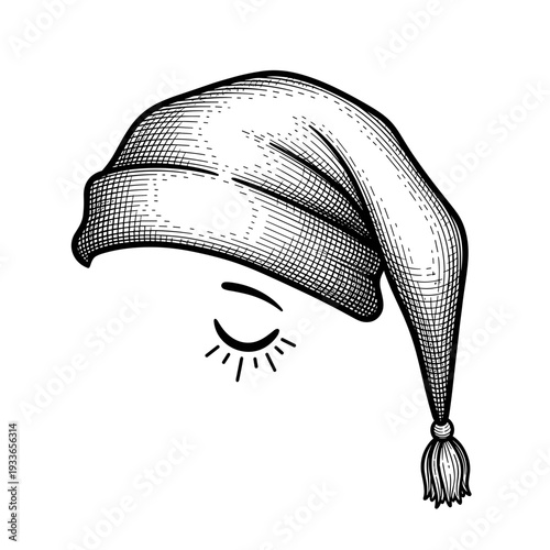Illustration of a sleepy cap with closed eyes, isolated on a white background, featuring a tassel and detailed shading for a cozy nighttime feel