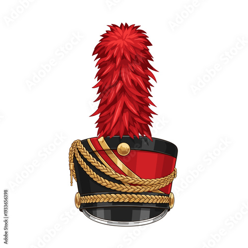 Vibrant marching band hat with red plume and gold accents isolated on a white background