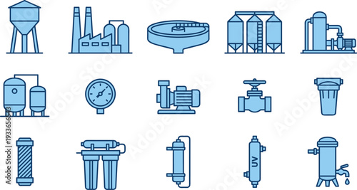 Industrial Water Treatment and Filtration Equipment Icons Set with Tanks, Pumps, Valves and Pressure Systems