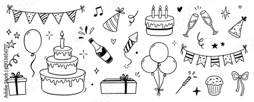 Birthday doodle icon element. Hand drawn sketch doodle birthday cake, party gift, event hat cute decoration element. Party, carnival celebration concept background. Vector illustration
