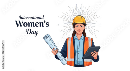 Illustration of a female engineer wearing a hard hat and vest, holding blueprints and a tablet, celebrating International Women's Day with a radiant background, symbolizing women's