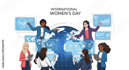 Illustration of diverse women celebrating International Women's Day with a global theme, promoting gender equality and women's empowerment through design and technology.