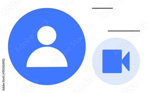Virtual meetings, communication tech, user profiles, social media, remote work, video conferencing. Blue person icon next to video camera symbol. Virtual meetings and communication technology theme