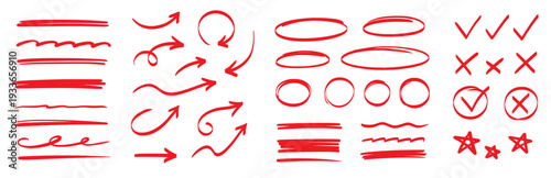 Line marker highlight, arrow, check mark red set. Line red marker hand drawn pen brush stroke underline check. Star oval sticker sign note scribble emphasis icon element. Vector illustration
