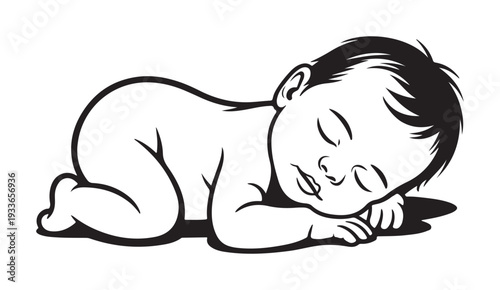 Sleeping Baby Lying on Stomach, Black and White Illustration