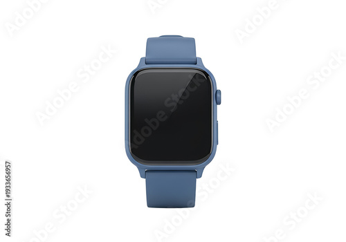 A blue smartwatch centered with a black screen and a band Its against a white background