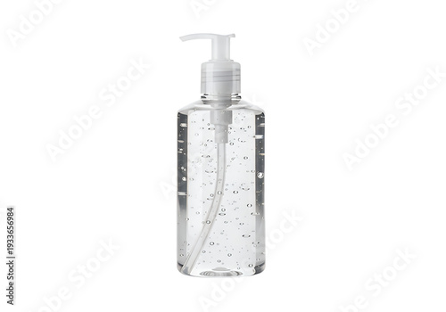 A clear plastic bottle with a pump dispenser holds a transparent liquid filled with small bubbles