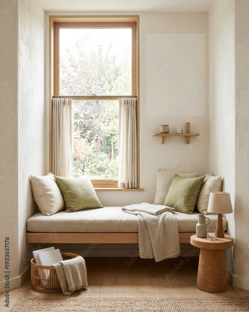 Fototapeta premium Cozy window seat reading nook with cushion and blanket in alcove