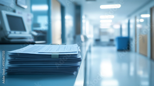 Stack of documents in hospital corridor with medical equipment