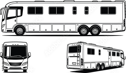 Modern Luxury Motorhome RV Camper in Multiple Views Detailed Black and White Line Art Illustration