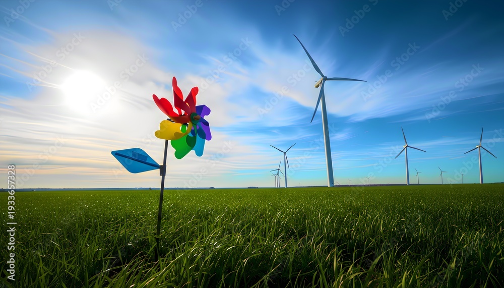 Obraz premium A vibrant multicolored pinwheel stands tall in a lush green field contrasting sharply with a distant row of massive white wind turbines under a bright sunny sky