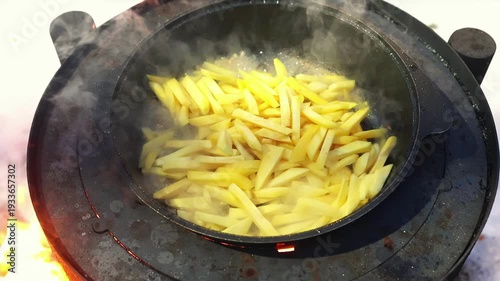 Meal frying in metal pan on portable stove during winter trip. Camping atmosphere and survival experience. Food preparation outdoors using fire heated stove.