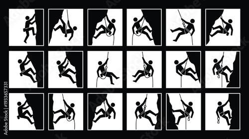 Rock Climbing Silhouette Collection with Rappelling Techniques and Mountaineering Action Poses in Black and White Vector Set