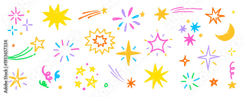 Star sticker crayon texture icon set. Star icon kid sketch hand drawn line marker crayon brush color texture..Cute cartoon funny childish magic twinkle glow pastel decoration. Vector illustration.
