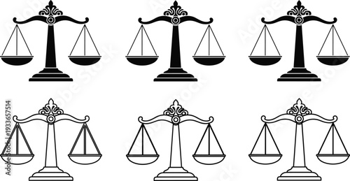 Balance scale icons, justice symbol, fairness equality, law court emblem, legal judgment, weighing tool, cad drawing flat vector illustration