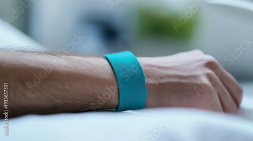 Teal awareness wristband on hand in clinical setting