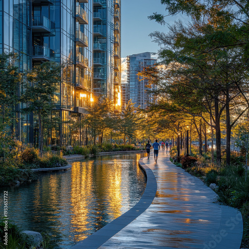 People walking on a city walkway lined with trees, buildings in the background.