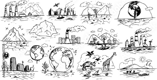Hand-drawn environmental issues doodle set: global warming, pollution, deforestation, drought, melting ice, industry, nature, and wildlife concepts.