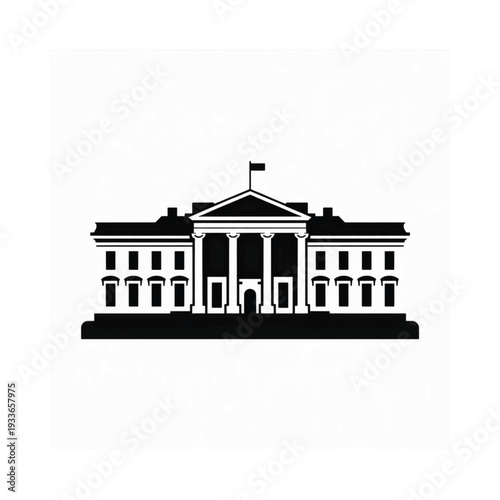 A stark black and white silhouette of the white house in washington dc