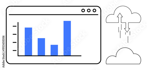 Data analytics. Data visualization and storage through a bar chart and cloud icons. Data insights and cloud-based solutions. Perfect for tech, business, and cloud computing . Topics technology