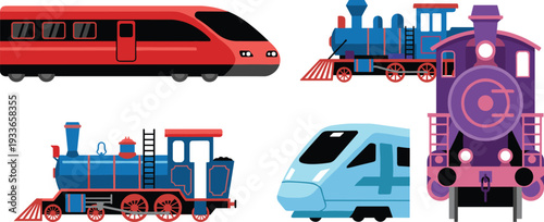 Train Collection Featuring Vintage Steam Locomotives and Modern High Speed Passenger Railway Vector Illustration Set