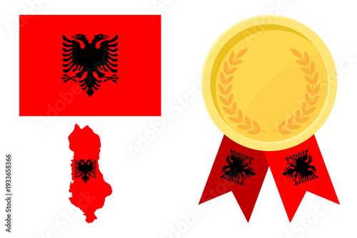 Albania flag with map and gold medal in set for web and banners or app and games