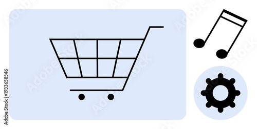 Shopping concept. Shopping cart symbol combined with music and gear icons e-commerce, app functionality, and digital integration. Shopping interface and tech uses. Great for e-commerce, app design