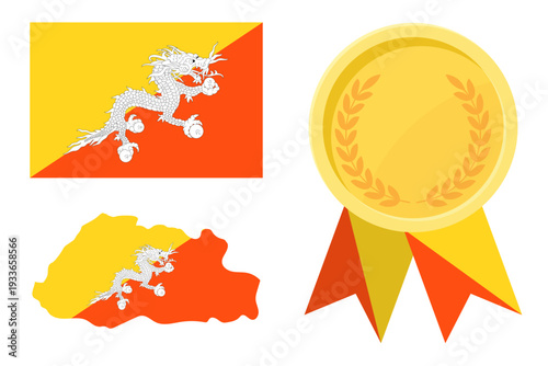 Bhutan flag with map and gold medal in set for web and banners or app and games