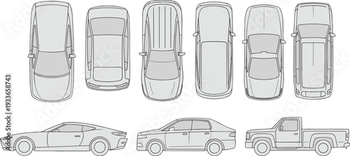 Comprehensive vehicle outline collection with top and side views of sports car, sedan and pickup truck, detailed vector line drawings for automotive design projects