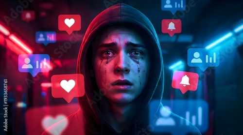 Distressed young man in a dark hoodie overwhelmed by glowing social media notification icons representing cyberbullying and digital pressure in neon light