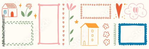 Hand drawn frames and elements asset pack. Scallop borders, flower, stars, heart and house, Trendy vector decorative sticker for invitations, greeting cards and menu.