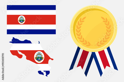 Costa Rica flag with map and gold medal in set for web and banners or app and games