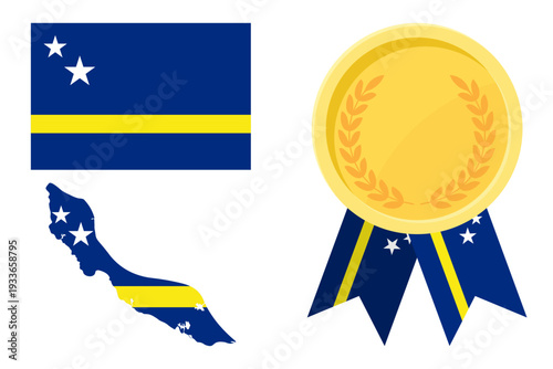 Curacao flag with map and gold medal in set for web and banners or app and games